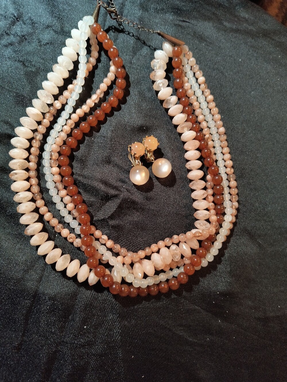 Multi-Strand Angel Skin Coral Beaded Necklace with Matching Drop Earrings